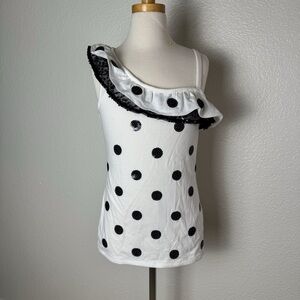 GIRLS Sz 14 Ruffle single shoulder w/ black sequin dots & ruffle Cotton Spandex